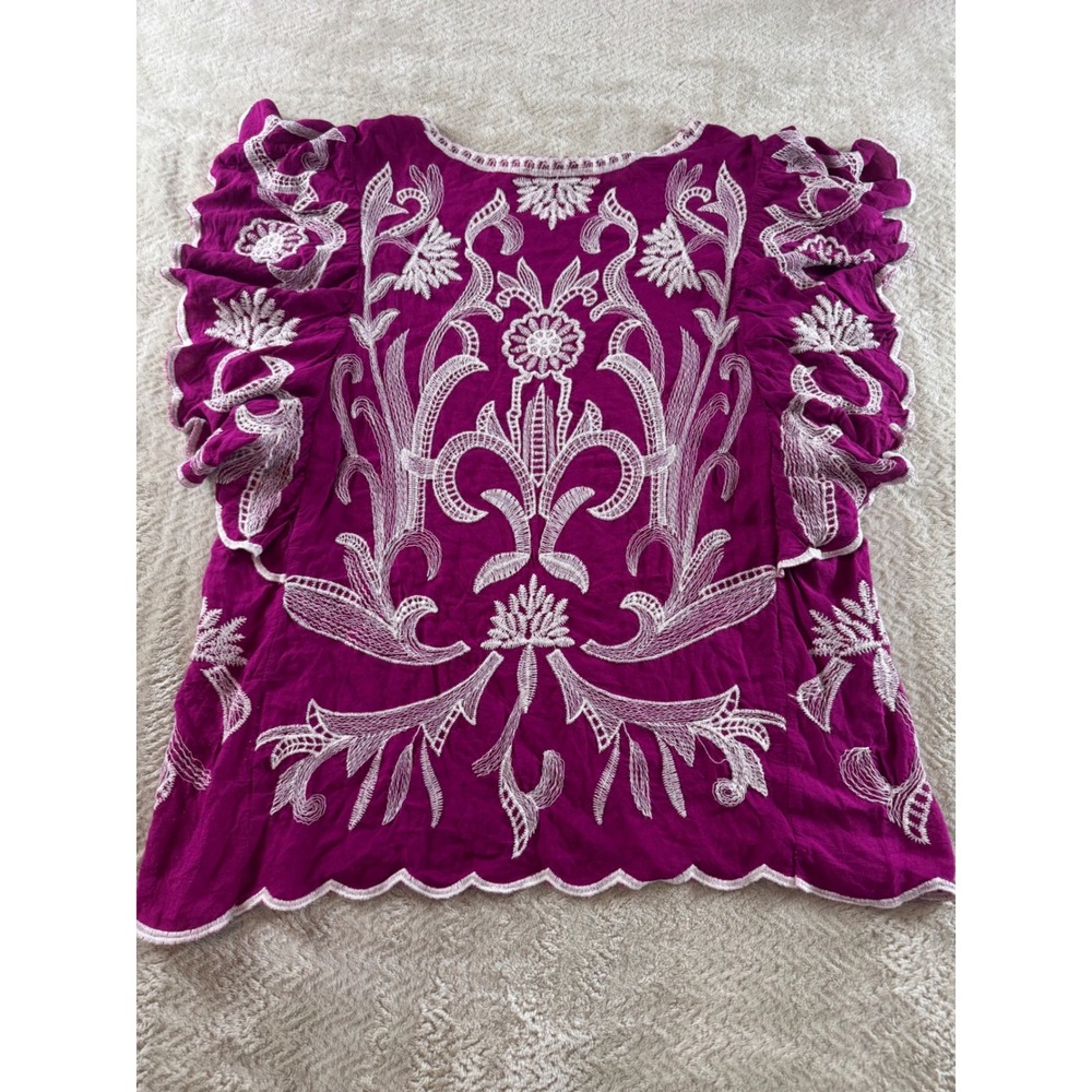 Solitaire Magenta Purple Embroidered Flutter Sleeve Scalloped‎ Hem Top XL - Picture 3 of 6